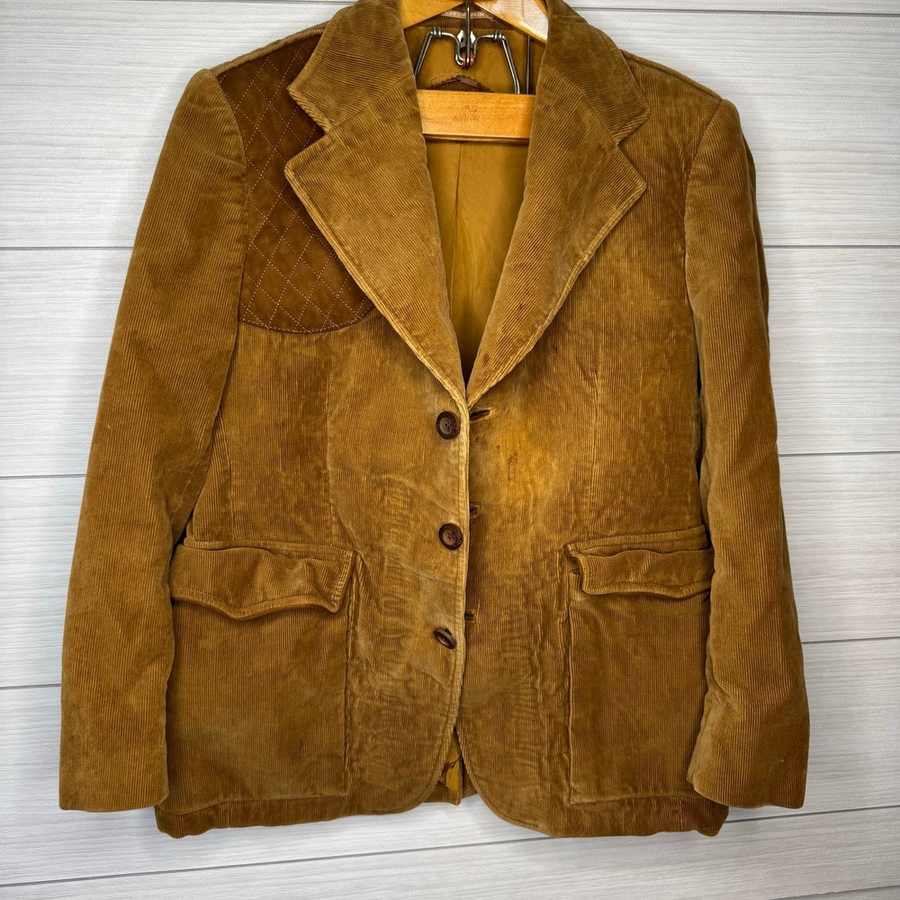 Cortefiel Mens Brown Corduroy Blazer Jacket Quilted Shoulder Size S/42 Vintage